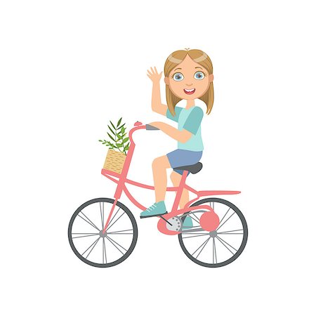 riding bike with basket - Girl Riding A Bicycle Waving Simple Design Illustration In Cute Fun Cartoon Style Isolated On White Background Stock Photo - Budget Royalty-Free & Subscription, Code: 400-08712077
