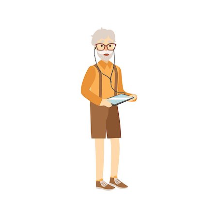 simsearch:400-08349890,k - Old Man With Tablet And Headphones Bright Color Cartoon Simple Style Flat Vector Sticker Isolated On White Background Stock Photo - Budget Royalty-Free & Subscription, Code: 400-08712086
