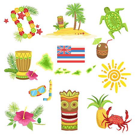 Hawaii Beach Vacation Related Set Of Objects. Isolated Flat Vector Icons With Traditional Hawaiian Representations. Photographie de stock - Aubaine LD & Abonnement, Code: 400-08712080