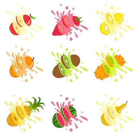 simsearch:649-08306843,k - Fruits Cut In The Air Splashing The Juice Bright Color Cartoon Simple Style Flat Vector Set Of Stickers Isolated On White Background Foto de stock - Super Valor sin royalties y Suscripción, Código: 400-08712083