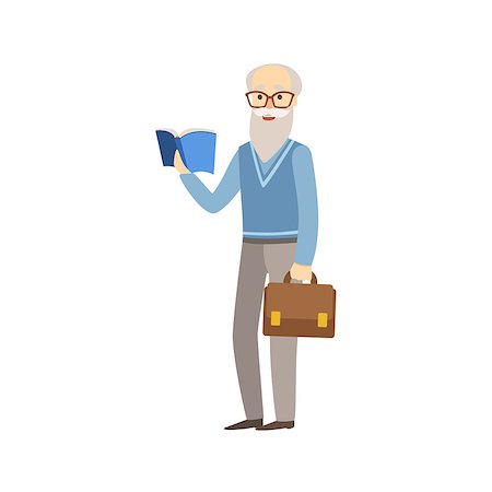simsearch:400-08349890,k - Old Professor With Book And Suitcase Bright Color Cartoon Simple Style Flat Vector Sticker Isolated On White Background Stock Photo - Budget Royalty-Free & Subscription, Code: 400-08712095