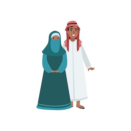 simsearch:400-08712142,k - Couple In Arabic Emirates National Clothes Simple Design Illustration In Cute Fun Cartoon Style Isolated On White Background Stockbilder - Microstock & Abonnement, Bildnummer: 400-08712127