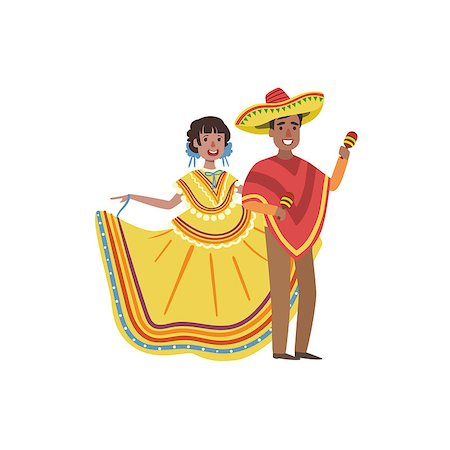 simsearch:400-08935917,k - Couple In Mexican National Clothes Simple Design Illustration In Cute Fun Cartoon Style Isolated On White Background Stock Photo - Budget Royalty-Free & Subscription, Code: 400-08712138