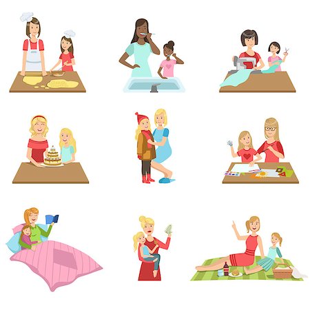 everyday family - Mother And Daughter Passing Time Together Set Of Illustrations. Cute Simple Cartoon Style Drawings Of Single Mom And Her Kid Pastime. Stock Photo - Budget Royalty-Free & Subscription, Code: 400-08712144