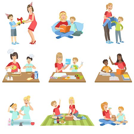 everyday family - Mother And Son Passing Time Together Set Of Illustrations. Cute Simple Cartoon Style Drawings Of Single Mom And Her Kid Pastime. Stock Photo - Budget Royalty-Free & Subscription, Code: 400-08712145