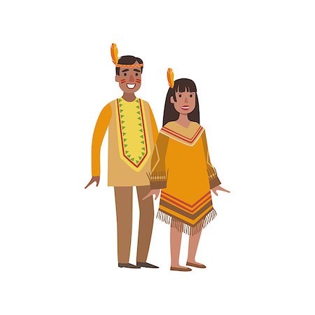 Couple In Nothern America Indians National Clothes Simple Design Illustration In Cute Fun Cartoon Style Isolated On White Background Stock Photo - Budget Royalty-Free & Subscription, Code: 400-08712140