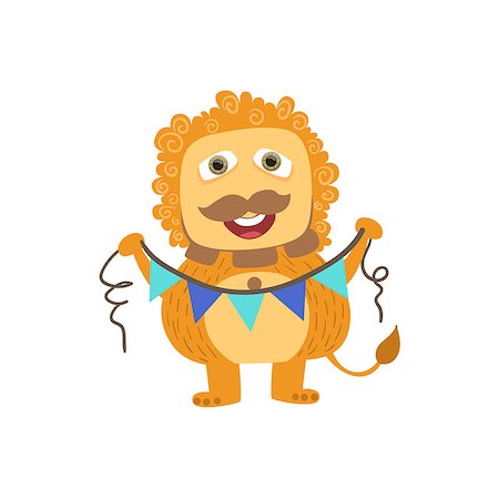 Lion-like Friendly Monster With Garland Cute Childish Sticker. Flat Cartoon Colorful Alien Character With Party Attributes Isolated On White Background. Stock Photo - Budget Royalty-Free & Subscription, Code: 400-08712159