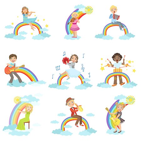 Kids Playing Music Instruments With Rainbow And Clouds Decoration Set Of Simple Design Illustrations In Cute Fun Cartoon Style On White Background Stock Photo - Budget Royalty-Free & Subscription, Code: 400-08712168