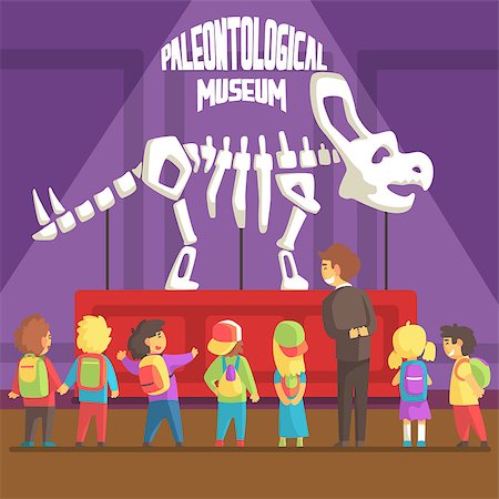 Groop Of School Kids In Paleontology Museum Next To Triceratops Skeleton. Bright Color Vector Illustration In Funky Geometric Style. Foto de stock - Super Valor sin royalties y Suscripción, Código: 400-08712171