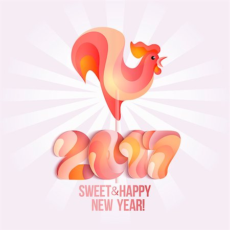 Sign New Year 2017 rooster in shape of candy on stick. Year number and rooster striped holiday candies. Vector design element for christmas, new years day, sweet-stuff, winter holiday, new years eve Stock Photo - Budget Royalty-Free & Subscription, Code: 400-08712227