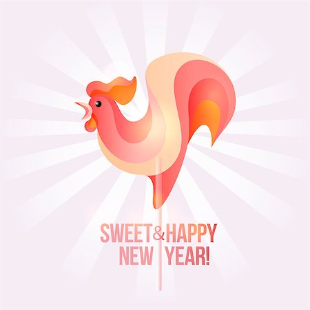 Sign New Year 2017 rooster in shape of candy on stick. Year number and rooster striped holiday candies. Vector design element for christmas, new years day, sweet-stuff, winter holiday, new years eve Stock Photo - Budget Royalty-Free & Subscription, Code: 400-08712228