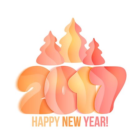 simsearch:400-08318552,k - New Year 2017 greeting card. Vector illustration. Orange, yellow, pink numbers and shristmas tree on white background. Stock Photo - Budget Royalty-Free & Subscription, Code: 400-08712231