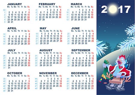 simsearch:400-09065162,k - Christmas cock rolls on sledge from mountain. Blue cartoon Rooster symbol 2017 and wall calendar. Vector illustration Stock Photo - Budget Royalty-Free & Subscription, Code: 400-08712245