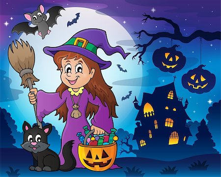 simsearch:400-09068519,k - Cute witch and cat in Halloween scenery - eps10 vector illustration. Foto de stock - Royalty-Free Super Valor e Assinatura, Número: 400-08712254