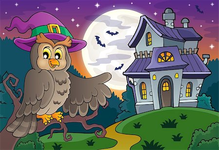 simsearch:400-08710477,k - Owl near haunted house theme 1 - eps10 vector illustration. Stock Photo - Budget Royalty-Free & Subscription, Code: 400-08712277