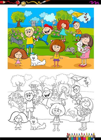 simsearch:400-09094944,k - Cartoon Illustration of Kids with Cats Coloring Book Activity Stock Photo - Budget Royalty-Free & Subscription, Code: 400-08712306