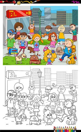 simsearch:400-08679329,k - Cartoon Illustration of Kids with Dogs in the City Coloring Book Activity Photographie de stock - Aubaine LD & Abonnement, Code: 400-08712307