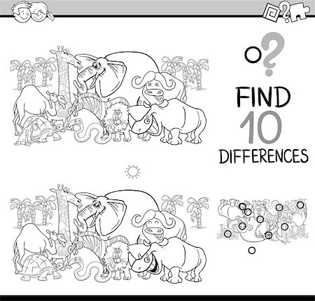simsearch:400-09051285,k - Black and White Cartoon Illustration of Finding Differences Educational Activity Task for Kids with Safari Animal Characters Coloring Book Stock Photo - Budget Royalty-Free & Subscription, Code: 400-08712316
