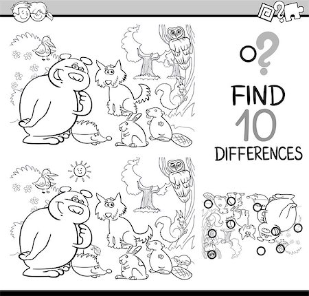simsearch:400-08551227,k - Black and White Cartoon Illustration of Finding Differences Educational Activity Task for Kids with Forest Animal Characters Coloring Book Stock Photo - Budget Royalty-Free & Subscription, Code: 400-08712317