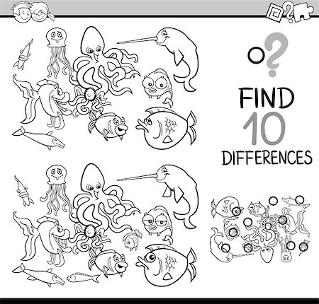 simsearch:400-09051285,k - Black and White Cartoon Illustration of Finding Differences Educational Activity Task for Children with Sea Life Animal Characters Coloring Book Stock Photo - Budget Royalty-Free & Subscription, Code: 400-08712318