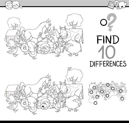 simsearch:400-09051285,k - Black and White Cartoon Illustration of Finding Differences Educational Activity Task for Kids with Farm Animal Characters Coloring Book Stock Photo - Budget Royalty-Free & Subscription, Code: 400-08712319