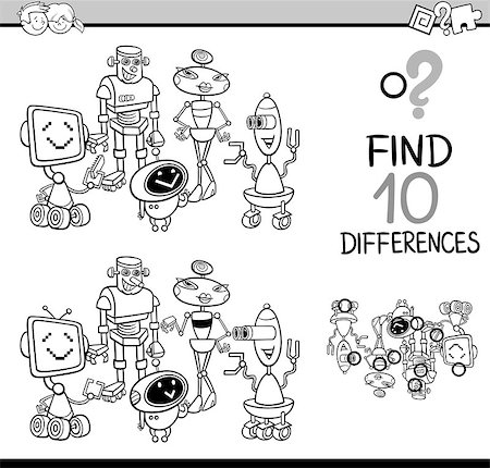 simsearch:400-08916719,k - Black and White Cartoon Illustration of Finding Differences Educational Activity for Children with Robots Fantasy Characters Coloring Book Stock Photo - Budget Royalty-Free & Subscription, Code: 400-08712324