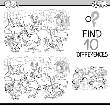 simsearch:400-08551227,k - Black and White Cartoon Illustration of Finding Differences Educational Activity Game for Children with Farm Animal Characters Coloring Book Stock Photo - Budget Royalty-Free & Subscription, Code: 400-08712320