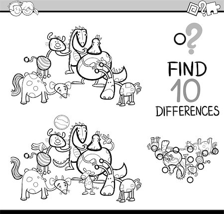 simsearch:400-09051285,k - Black and White Cartoon Illustration of Finding Differences Educational Activity Game for Children with Fantasy Characters Coloring Book Stock Photo - Budget Royalty-Free & Subscription, Code: 400-08712321