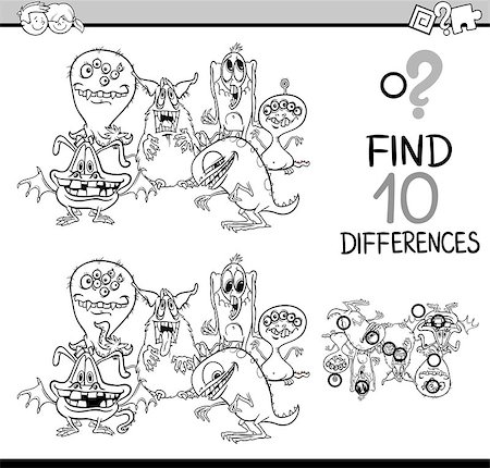 simsearch:400-08551227,k - Black and White Cartoon Illustration of Finding Differences Educational Activity Game for Children with Fantasy Monster Characters Coloring Book Stock Photo - Budget Royalty-Free & Subscription, Code: 400-08712322