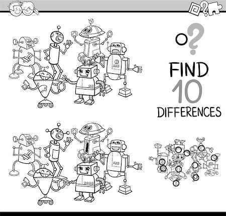 simsearch:400-08916719,k - Black and White Cartoon Illustration of Finding Differences Educational Activity Game for Children with Robots Fantasy Characters Coloring Book Stock Photo - Budget Royalty-Free & Subscription, Code: 400-08712323