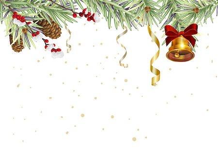 Background for Christmas card. Spruce branches and golden bell. Isolated on white vector illustration Foto de stock - Royalty-Free Super Valor e Assinatura, Número: 400-08712428