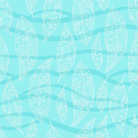 feather patterns - Seamless pattern of bird feathers with ornament inside isolated on white background. Blue and turquoise color. Art vector illustration. Stock Photo - Budget Royalty-Free & Subscription, Code: 400-08712447
