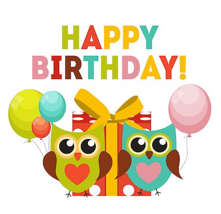 Cute Owl Happy Birthday Background with Gift Box, Balloons and Place for Your Text Vector Illustration EPS10 Stock Photo - Budget Royalty-Free & Subscription, Code: 400-08712548