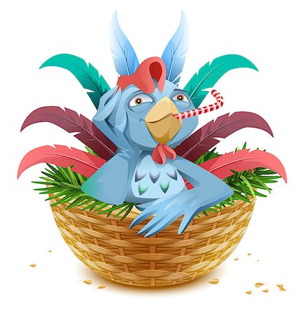 simsearch:400-07047642,k - Blue Christmas rooster symbol of 2017 sits in basket nest on spruce branch. Isolated on white vector cartoon illustration Stock Photo - Budget Royalty-Free & Subscription, Code: 400-08712598