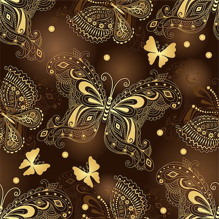 simsearch:400-07061067,k - Seamless dark brown pattern with gold butterflies and glowing spots, vector Foto de stock - Super Valor sin royalties y Suscripción, Código: 400-08712715