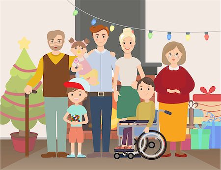 Big Christmas family at home vector illustration. Family portrait near fire place and Christmas tree and gifts. Parents, grandparents and with special needs child. Stock Photo - Budget Royalty-Free & Subscription, Code: 400-08712724