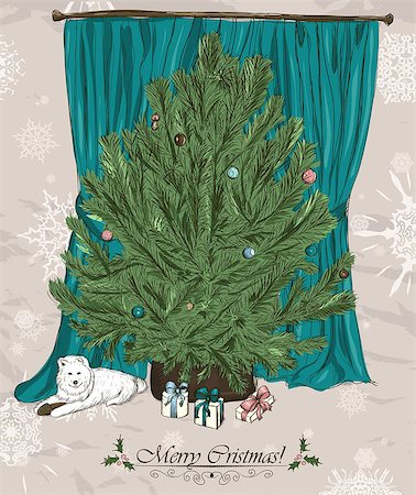 simsearch:400-08712804,k - Vintage Christmas card with Christmas tree, presents and cute puppy. Vector illustration EPS8 Stock Photo - Budget Royalty-Free & Subscription, Code: 400-08712790