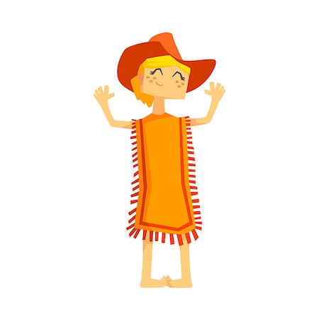 Little Barefoot Girl Wearing A Poncho And Cowboy Hat. Cool Colorful Wild West Themed Vector Illustration In Stylized Geometric Cartoon Design Stock Photo - Budget Royalty-Free & Subscription, Code: 400-08713008