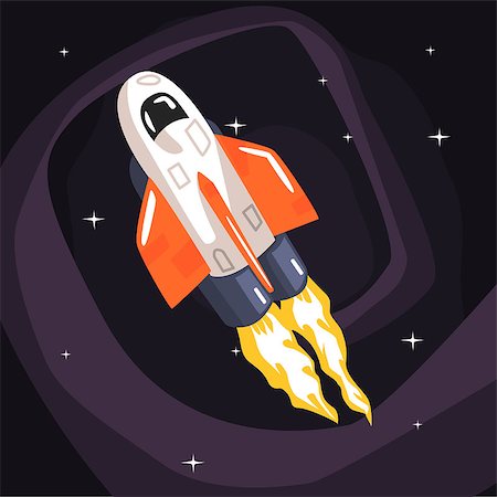 spaceship engine design - Flying Shuttle Spacecraft Fith Flames Coming From Engine On Dark Night Sky Background. Cool Colorful Cosmic Fantasy Vector Illustration In Stylized Geometric Cartoon Design Stock Photo - Budget Royalty-Free & Subscription, Code: 400-08713024