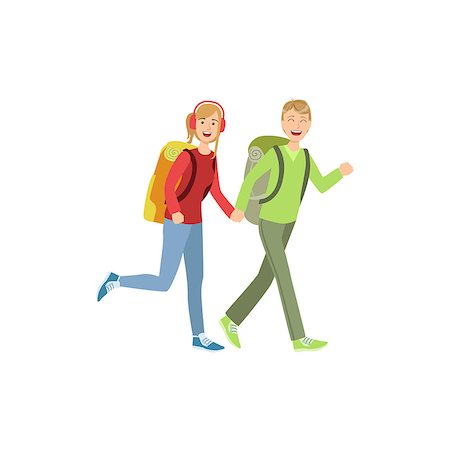 simsearch:400-08713043,k - Young Couple Hiking Holding Hands Simple Childish Flat Colorful Illustration On White Background Fotografie stock - Microstock e Abbonamento, Codice: 400-08713035