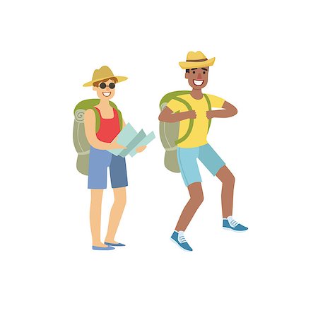 simsearch:400-08713043,k - Two People Hiking With Map Simple Childish Flat Colorful Illustration On White Background Fotografie stock - Microstock e Abbonamento, Codice: 400-08713030