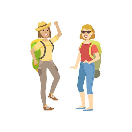 simsearch:400-08713043,k - Two Women Going For A Hike With Backpacks Simple Childish Flat Colorful Illustration On White Background Fotografie stock - Microstock e Abbonamento, Codice: 400-08713045