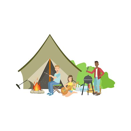 simsearch:400-08713043,k - Friends Doing Barbecue With The Bonfire And Tent Simple Childish Flat Colorful Illustration On White Background Fotografie stock - Microstock e Abbonamento, Codice: 400-08713049