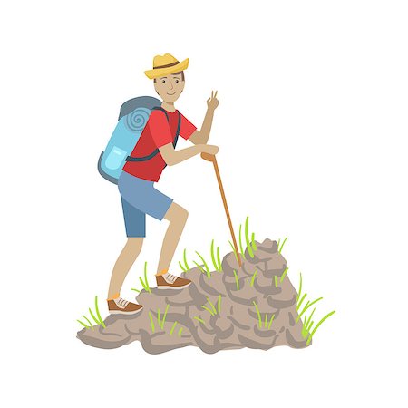 simsearch:400-08713043,k - Man Climbing A Rocky Slope With Backpack Simple Childish Flat Colorful Illustration On White Background Fotografie stock - Microstock e Abbonamento, Codice: 400-08713043