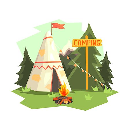 simsearch:400-07310113,k - Camping Place With Bonfire, Wigwam And Forest. Cool Colorful Vector Illustration In Stylized Geometric Cartoon Design On White Background Foto de stock - Super Valor sin royalties y Suscripción, Código: 400-08713062