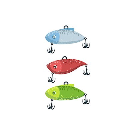Three Fishing Spoon-baits In Shape Of Fish Bright Color Cartoon Simple Style Flat Vector Illustration Isolated On White Background Stock Photo - Budget Royalty-Free & Subscription, Code: 400-08713080
