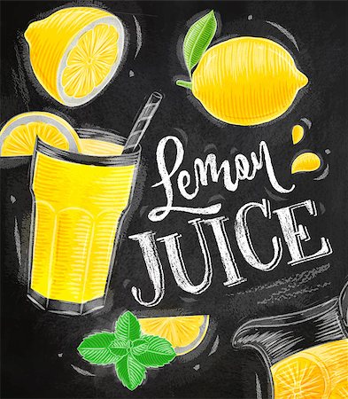 drawing lemon - Poster with lemonade elements glass, lemon, jug, mint lettering lemon juice drawing with chalk on chalkboard background Stock Photo - Budget Royalty-Free & Subscription, Code: 400-08713182