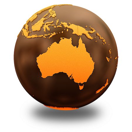 simsearch:400-08729697,k - Australia on chocolate model of planet Earth. Sweet crusty continents with embossed countries and oceans made of dark chocolate. 3D illustration isolated on white background with shadow. Foto de stock - Super Valor sin royalties y Suscripción, Código: 400-08729707