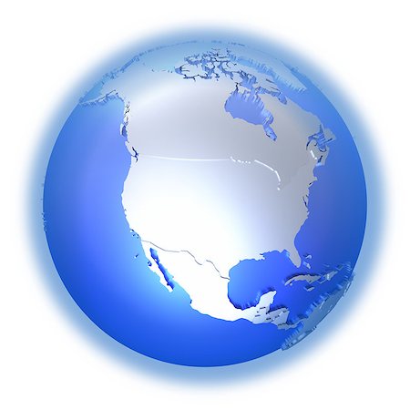 simsearch:400-08729854,k - North America on bright metallic model of planet Earth with blue ocean and shiny embossed continents with visible country borders. 3D illustration isolated on white background. Foto de stock - Super Valor sin royalties y Suscripción, Código: 400-08729715