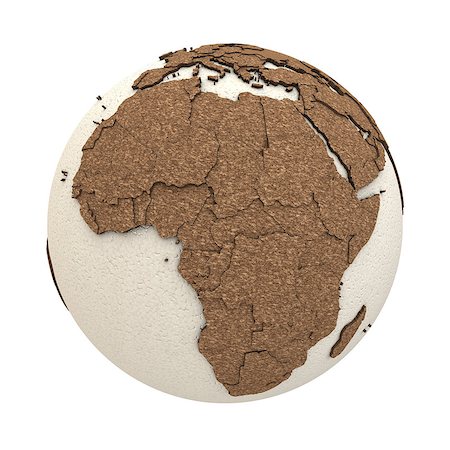 simsearch:400-08693838,k - Africa on 3D model of planet Earth with oceans made of polystyrene and continents made of cork with embossed countries. 3D illustration isolated on white background. Foto de stock - Super Valor sin royalties y Suscripción, Código: 400-08729744